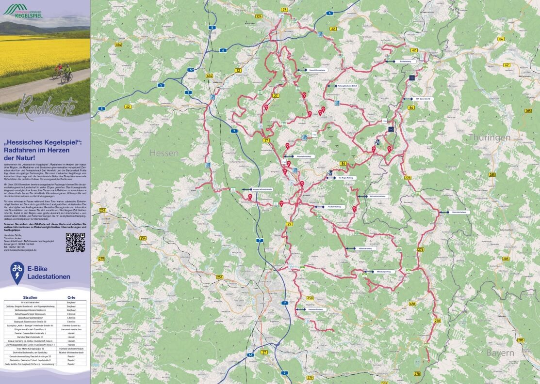 Radkarte Hessisches Kegelspiel - "Hessisches Kegelspiel": Radfahren im Herzen der Natur! , Tabelle mit E-Bike Ladestationen